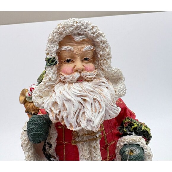 Santa Claus Christmas Figurine Bobble Lantern and Toy Basket Red Plaid Coat - Picture 8 of 11